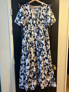 DownEast Navy and White Floral Tiered Midi Dress